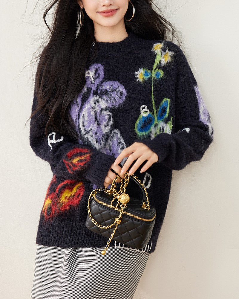 Sweter Damski Kwiatowy Oversized | Dzianinowy