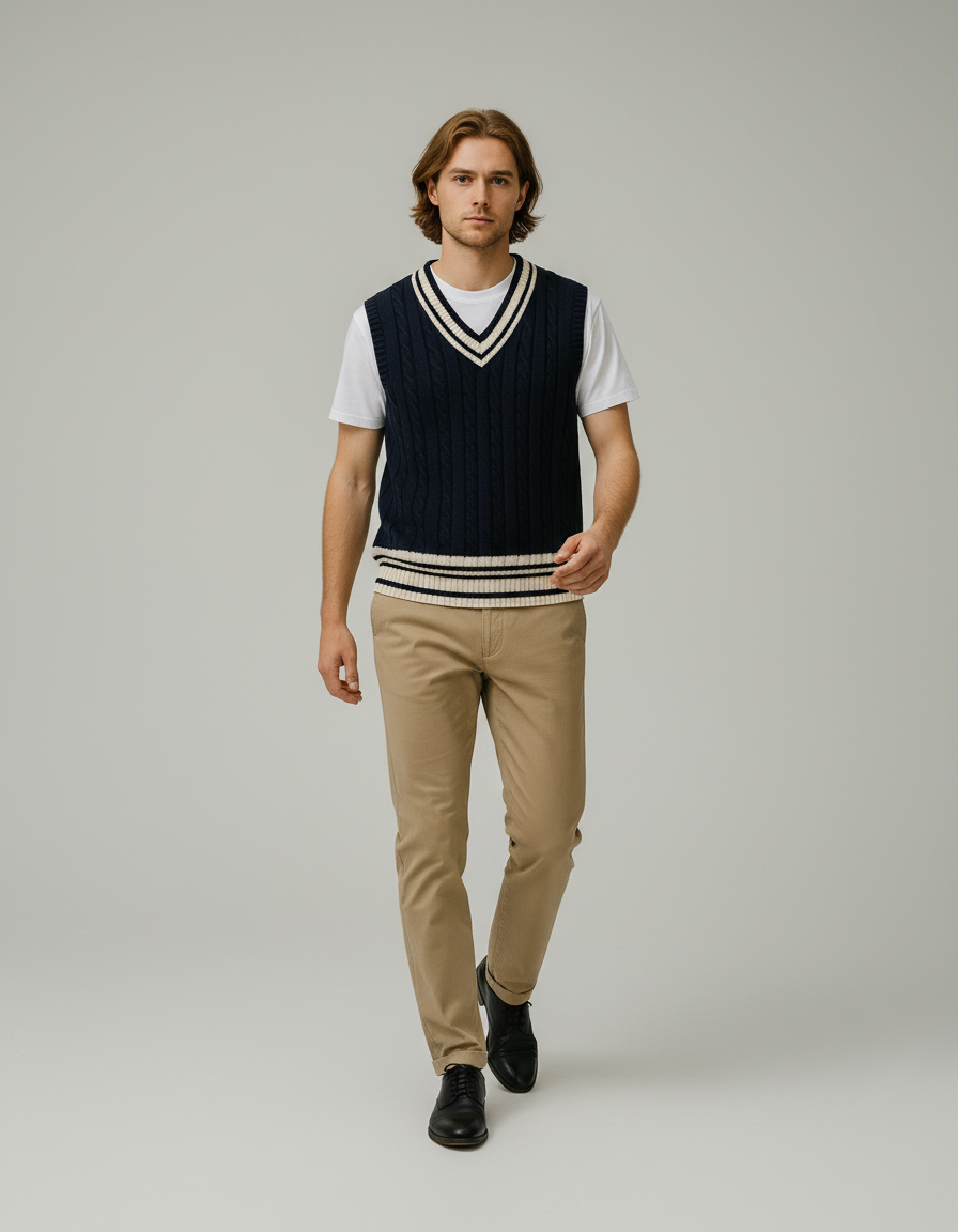 Patryk | Męska Prążkowana Preppy Kamizelka | Bezrękawnik