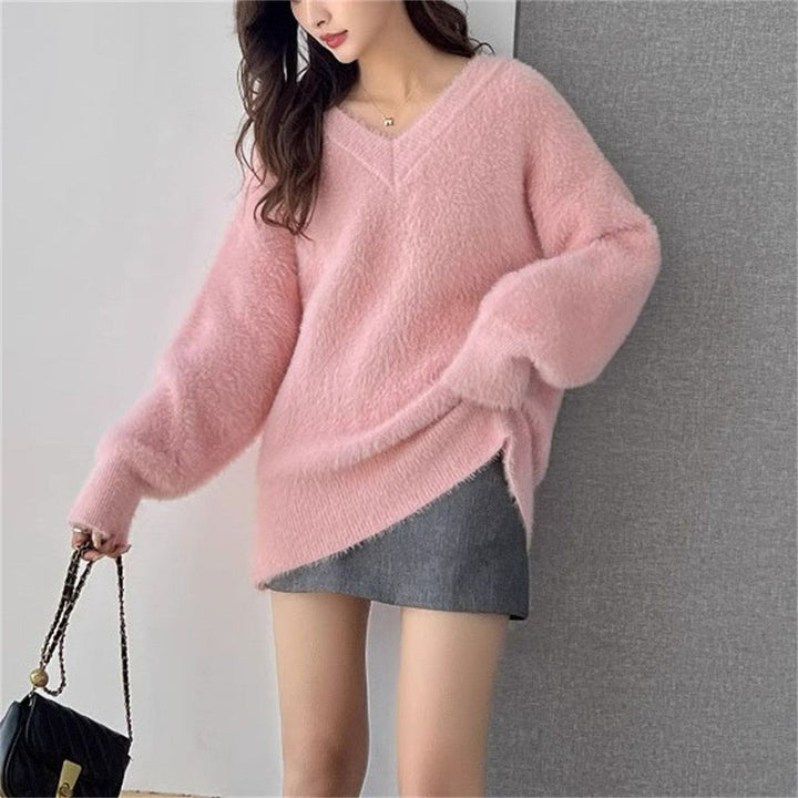 Sweter Damski Dekolt W Serek Dzianinowy | Oversized