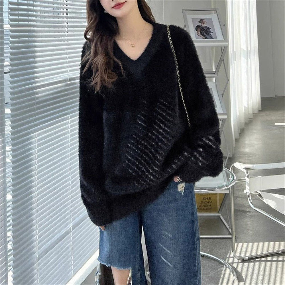 Sweter Damski Dekolt W Serek Dzianinowy | Oversized