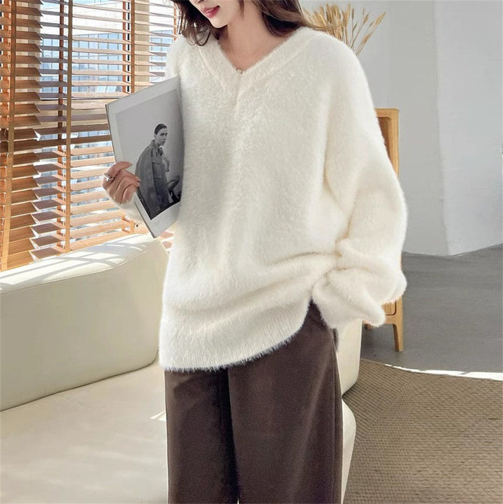 Sweter Damski Dekolt W Serek Dzianinowy | Oversized
