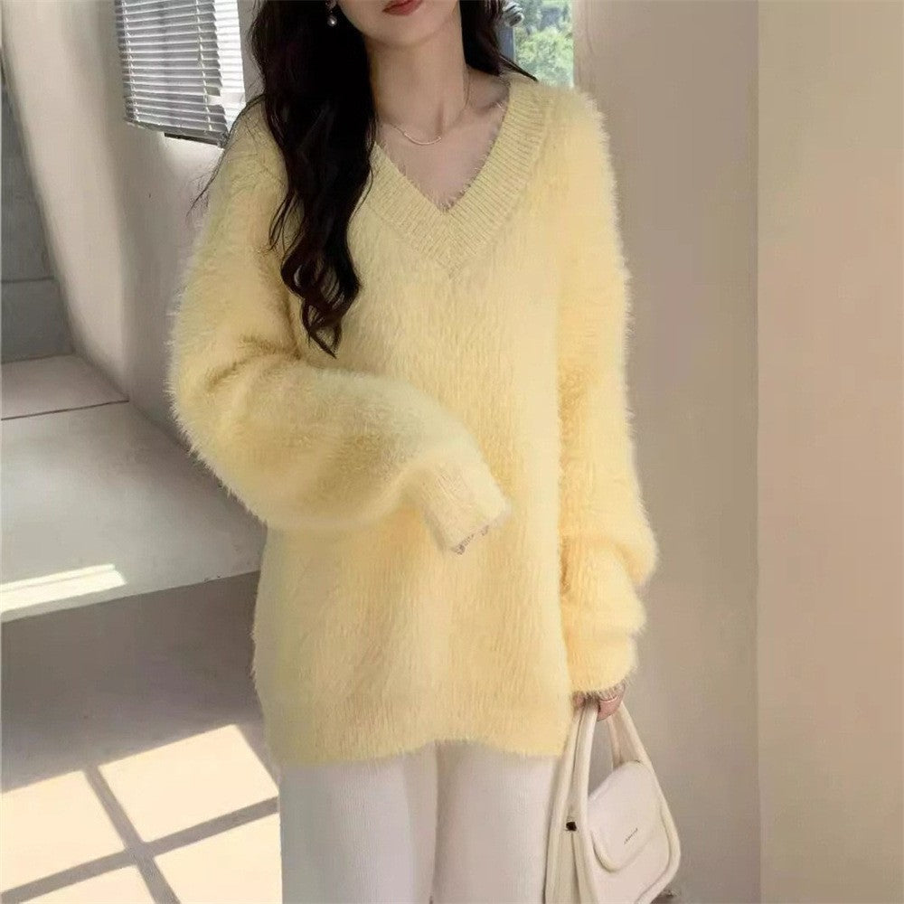 Sweter Damski Dekolt W Serek Dzianinowy | Oversized