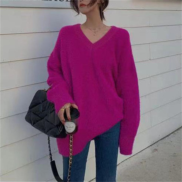 Sweter Damski Dekolt W Serek Dzianinowy | Oversized