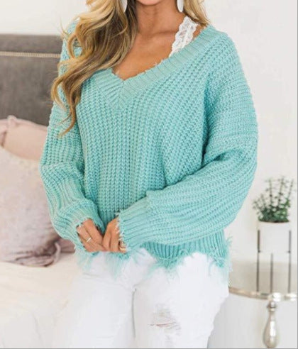 Sweter Damski Dzianinowy Oversized Dekolt W Serek | Frędzle