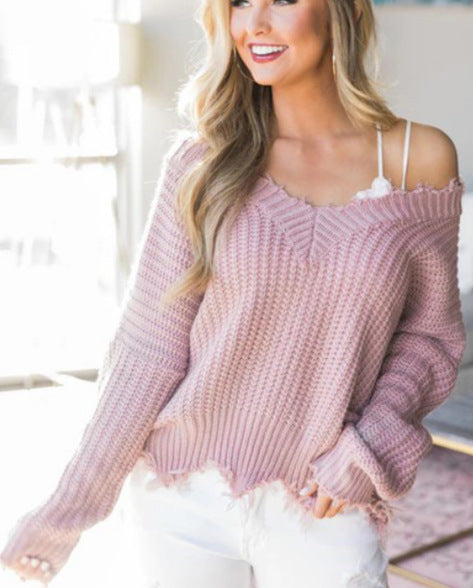 Sweter Damski Dzianinowy Oversized Dekolt W Serek | Frędzle