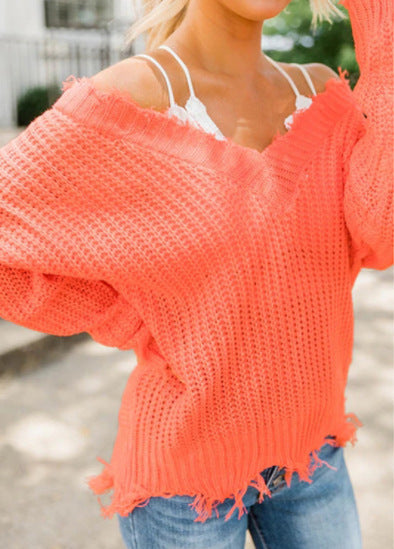 Sweter Damski Dzianinowy Oversized Dekolt W Serek | Frędzle