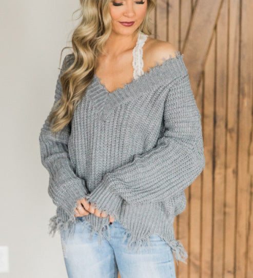 Sweter Damski Dzianinowy Oversized Dekolt W Serek | Frędzle