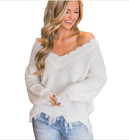 Sweter Damski Dzianinowy Oversized Dekolt W Serek | Frędzle
