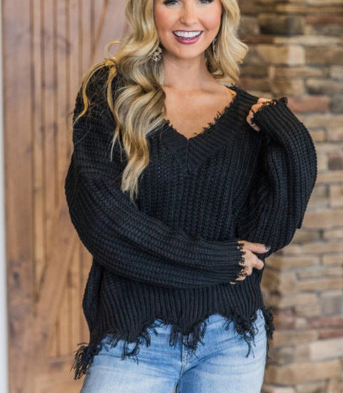 Sweter Damski Dzianinowy Oversized Dekolt W Serek | Frędzle