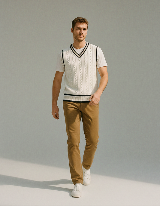 Patryk | Męska Prążkowana Preppy Kamizelka | Bezrękawnik